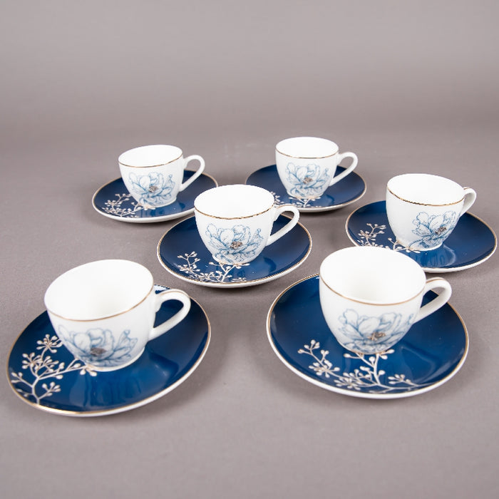 FOSUNY SET 6 90CC NEW BONE COFFEE CUP&SAUCER BLUE/GOLD (202029018)