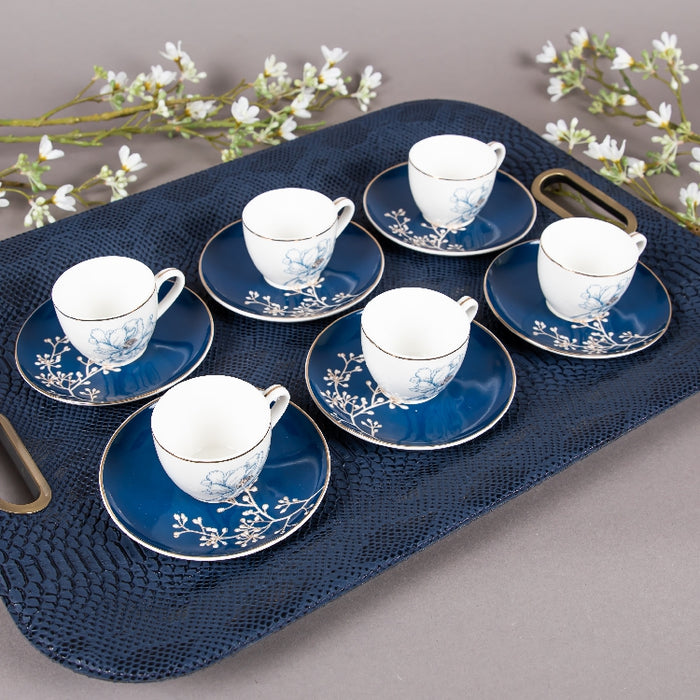 FOSUNY SET 6 90CC NEW BONE COFFEE CUP&SAUCER BLUE/GOLD (202029018)
